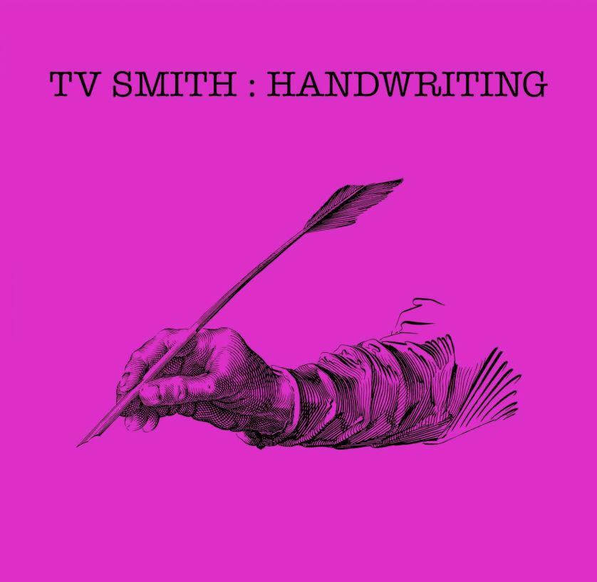 Das Albumcover "Handwriting" von TV Smith ist pink. In der Mitte ist eine schwarz gezeichnete Hand abgebildet, die eine Schreibfeder hält.