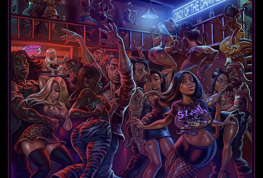 Das Albumcover "Orgy Of The Damned" von Slash zeigt einen Club voll mit Menschen. Das Bild ist gemalt.