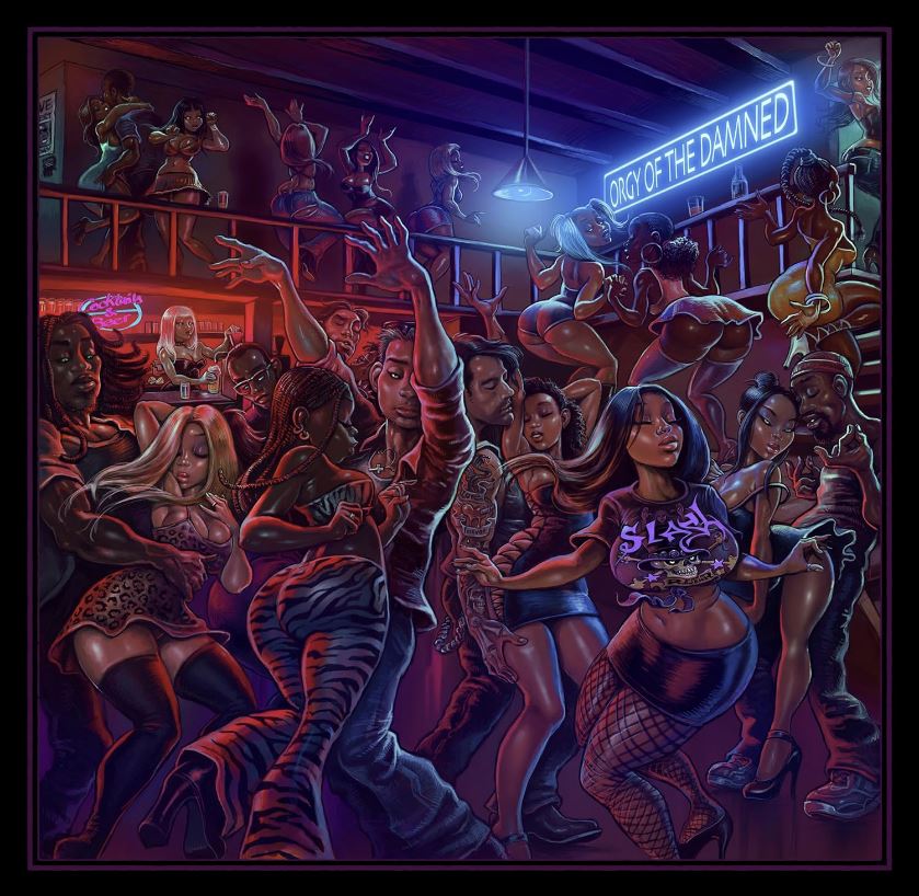 Das Albumcover "Orgy Of The Damned" von Slash zeigt einen Club voll mit Menschen. Das Bild ist gemalt.