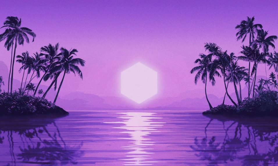 Das Albumcover "Paradise" von Purple Disco Machine zeigt das Meer, Palmen und eine untergehende Sonne. Das Bild ist violett eingefärbt.