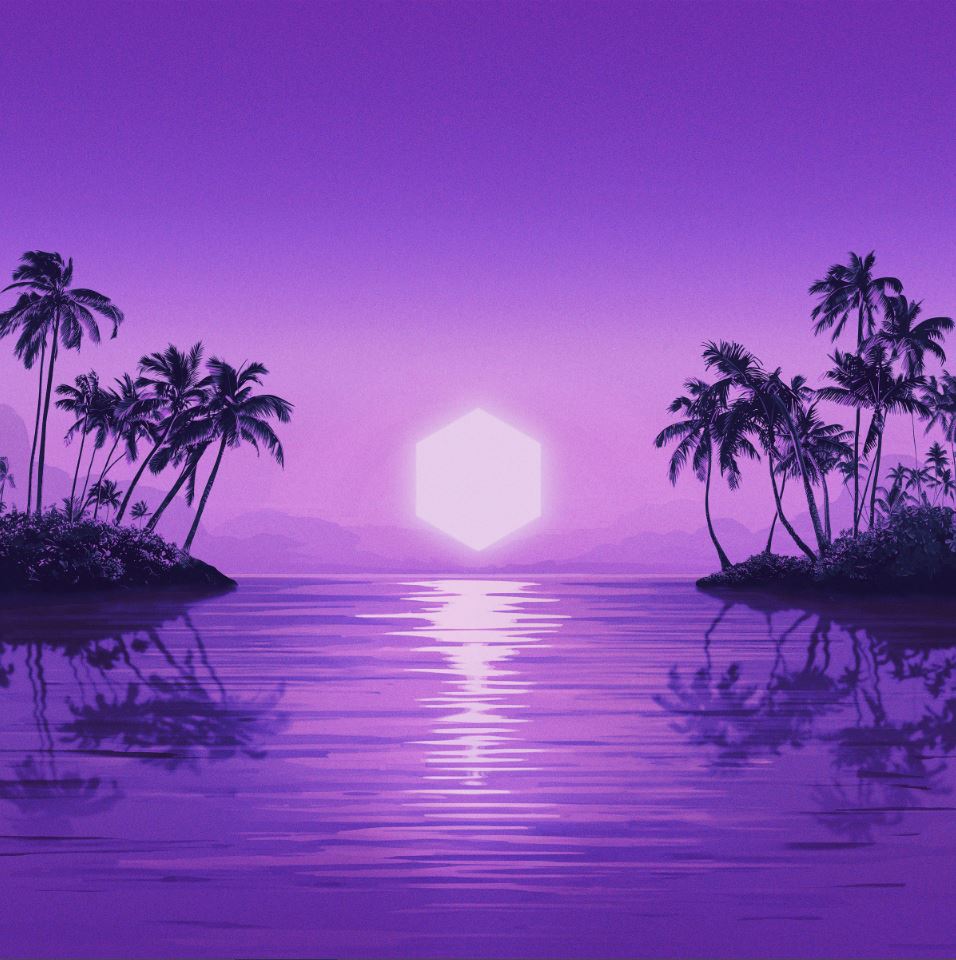 Das Albumcover "Paradise" von Purple Disco Machine zeigt das Meer, Palmen und eine untergehende Sonne. Das Bild ist violett eingefärbt.